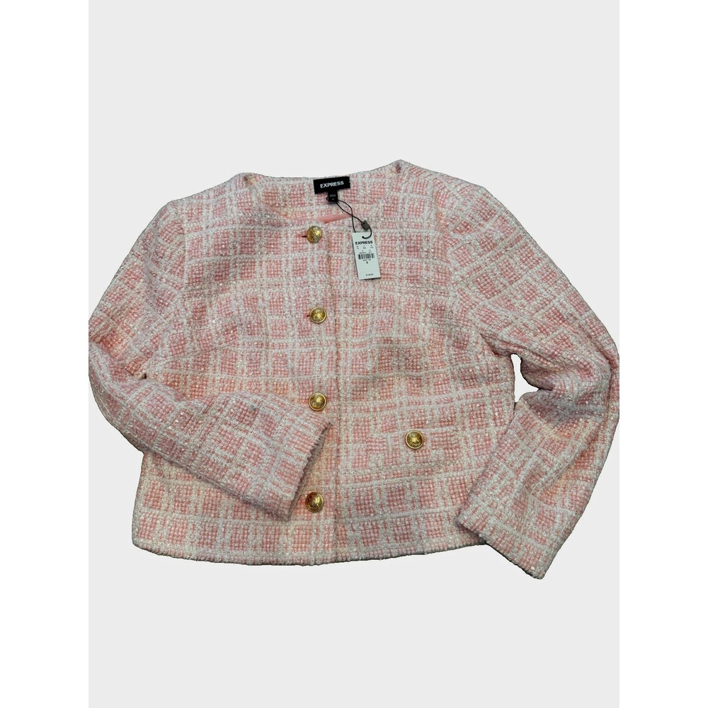 NWT Express Pink White Tweed Jacket Womens Medium Gold Button Collarless Blazer
